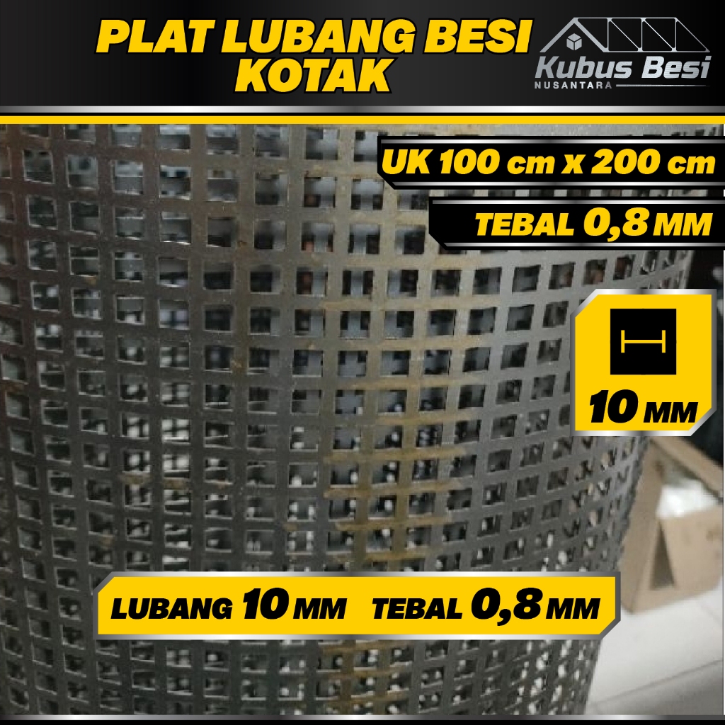 100x200 cm - Plat Lubang KOTAK 10 mm - Tebal 0,8 mm. Ram Gril/Plat Lubang Besi Perforasi