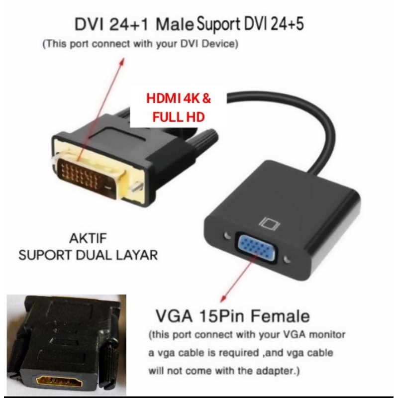 DVI to HDMI & VGA aktif converter Gamer 2in1 ANTI LAYAR SEMUT & BERGELOMBANG