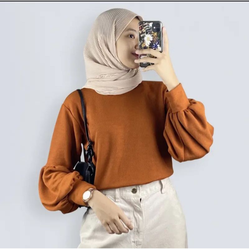 Blouse Puppy Lengan Balon Wanita/Atasan Rib Premium Balon Lengan Panjang Rib Kekinian/Atasan Wanita 