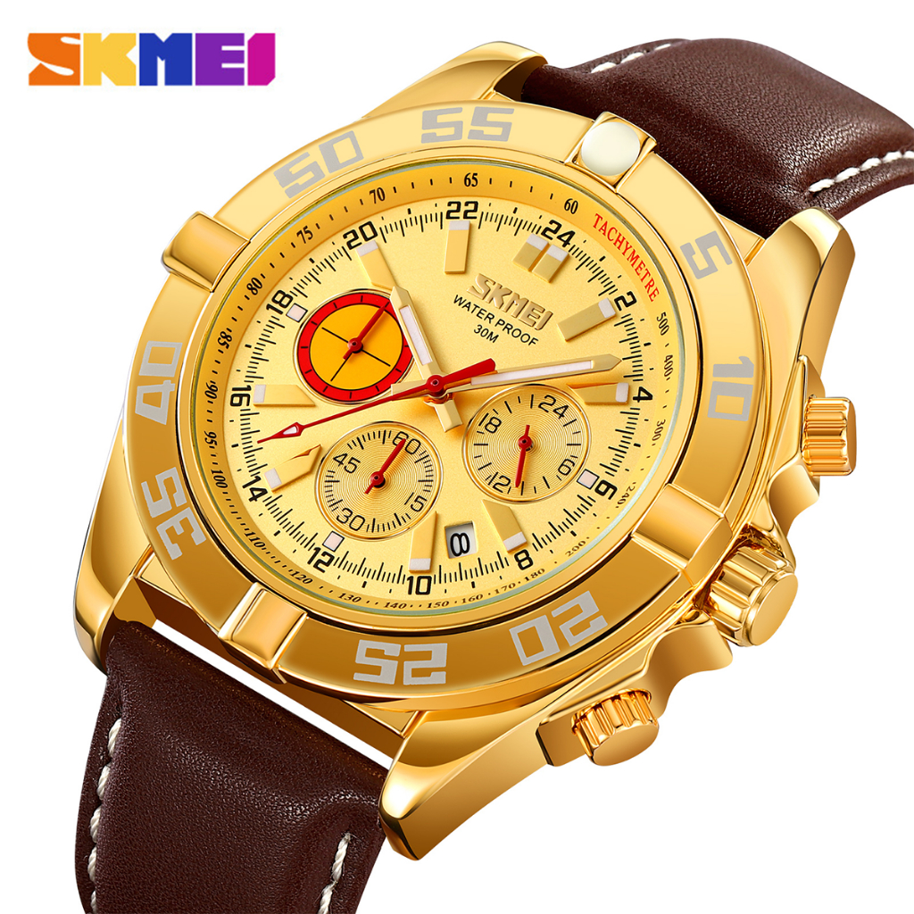 SKMEI 9322 Jam Tangan Pria Analog Chronograph Tali Kulit WATCHKITE WKOS