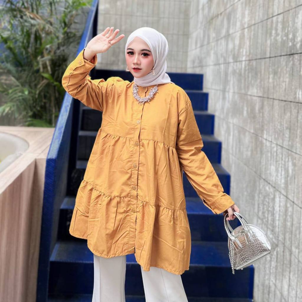 INARA Tunik Mika  Hitam Merah Coklat Dasty Pink Mustard Grey Polos Linen Kancing Aktif Fashion Musli