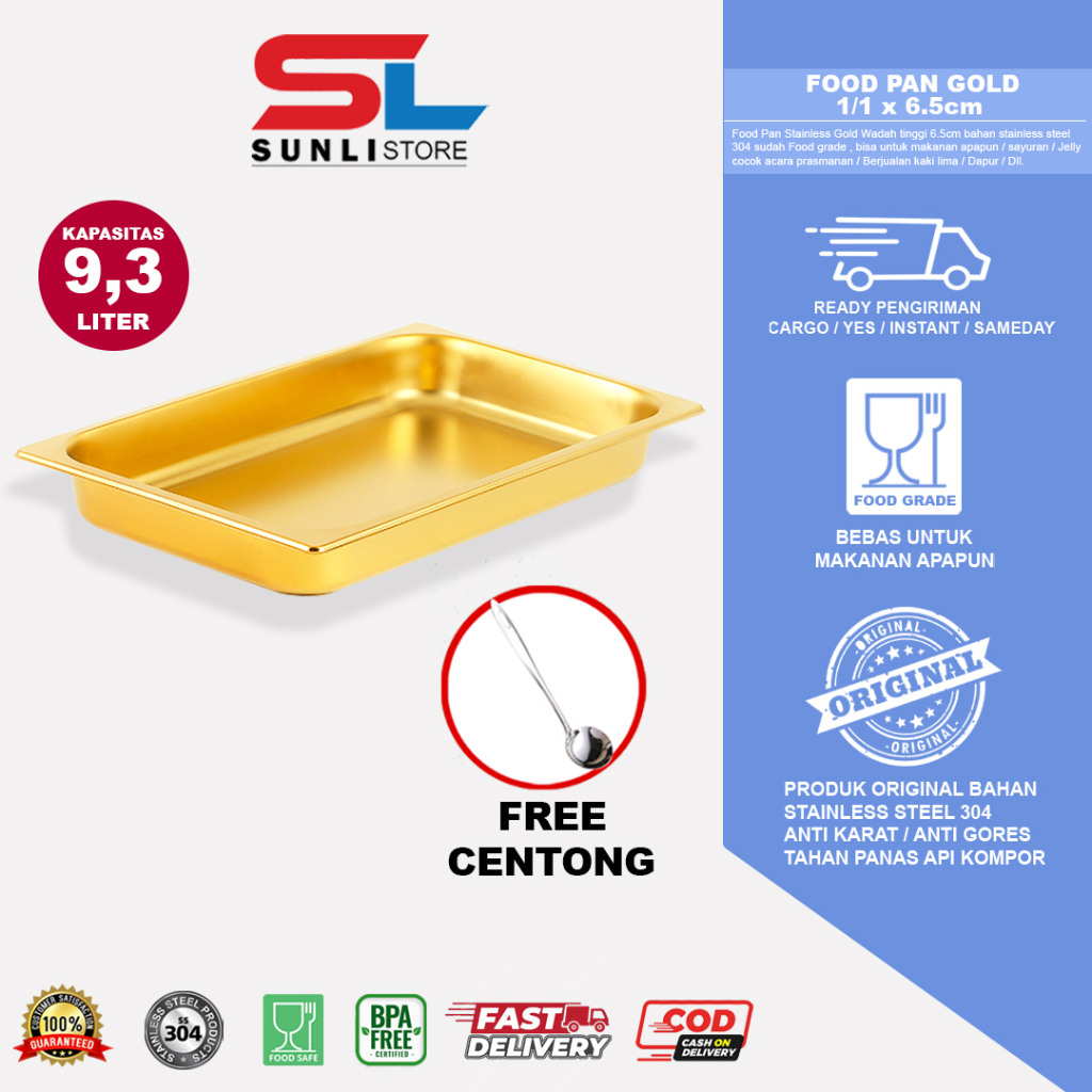 SUNLI - Food Pan Stainless GOLD WADAH 1/1 x 6,5 cm  / Food pan emas wadah stainless / tempat makan s