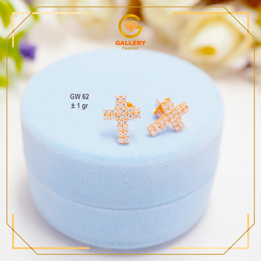 Anting Tusuk Salib Emas Tua 16K Gold (700) Variasi Giwang Salib Free Ulir Karet GW 62 GW 63 GW 64