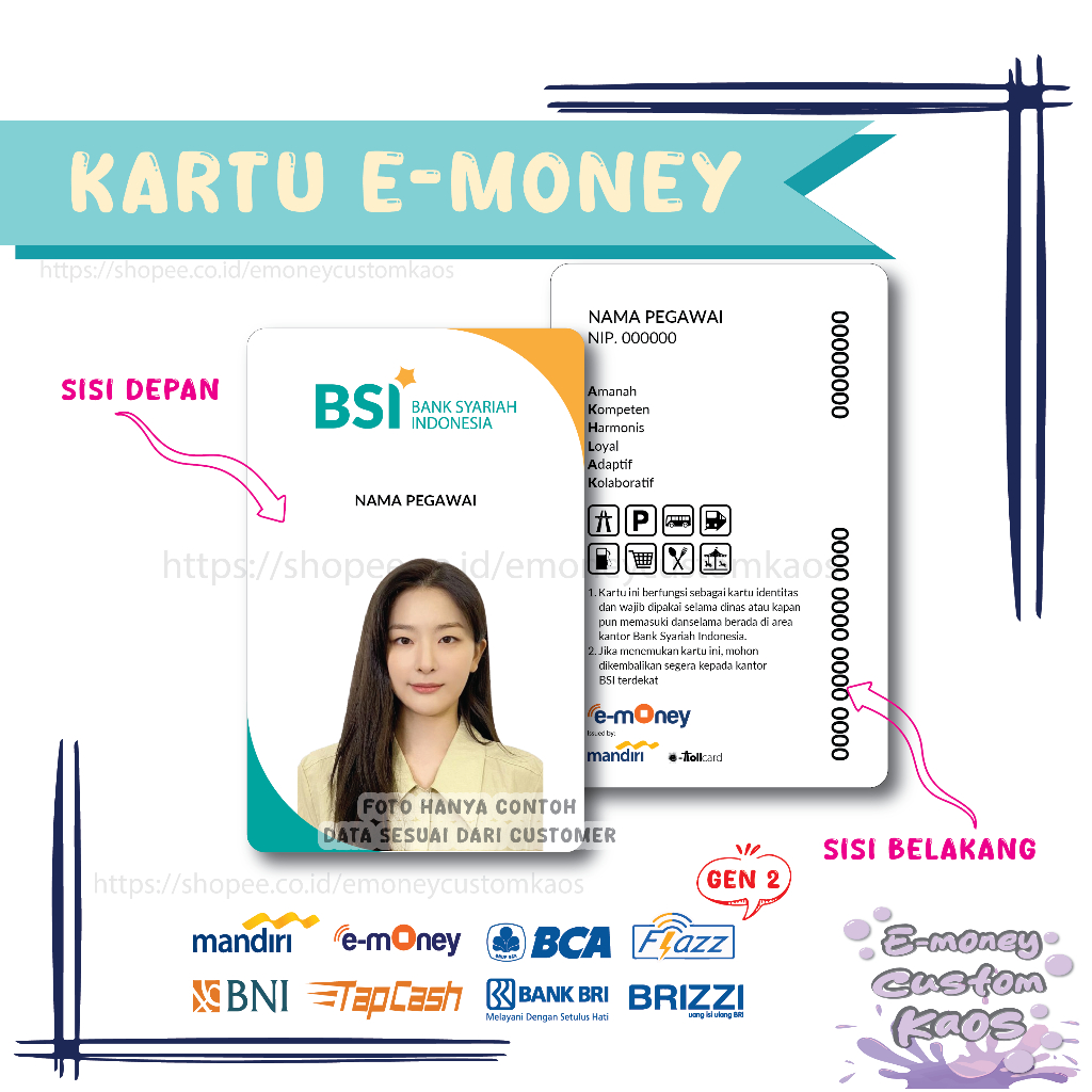 KARTU EMONEY ID CARD BANK BSI BUMN MANDIRI FLAZZ BCA GEN 2 BNI TAPCASH BRIZZI BRI NAME TAG PEGAWAI P