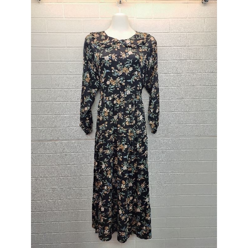 Dress Midi Hitam Motif Bunga V&W - Katun Rayon Premium