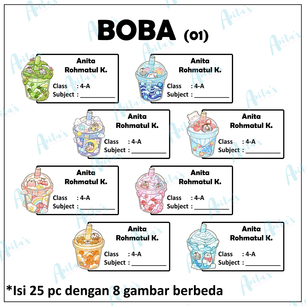 

25pc STIKER NAMA BUKU PELAJARAN ANAK SEKOLAH tema BOBA 01 | size S / 5x3 cm | CUSTOM