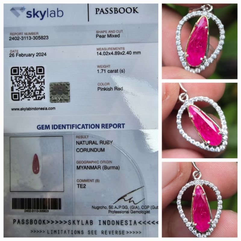 Liontin Natural Ruby Burma Myanmar Sertifikat 1.71 crt