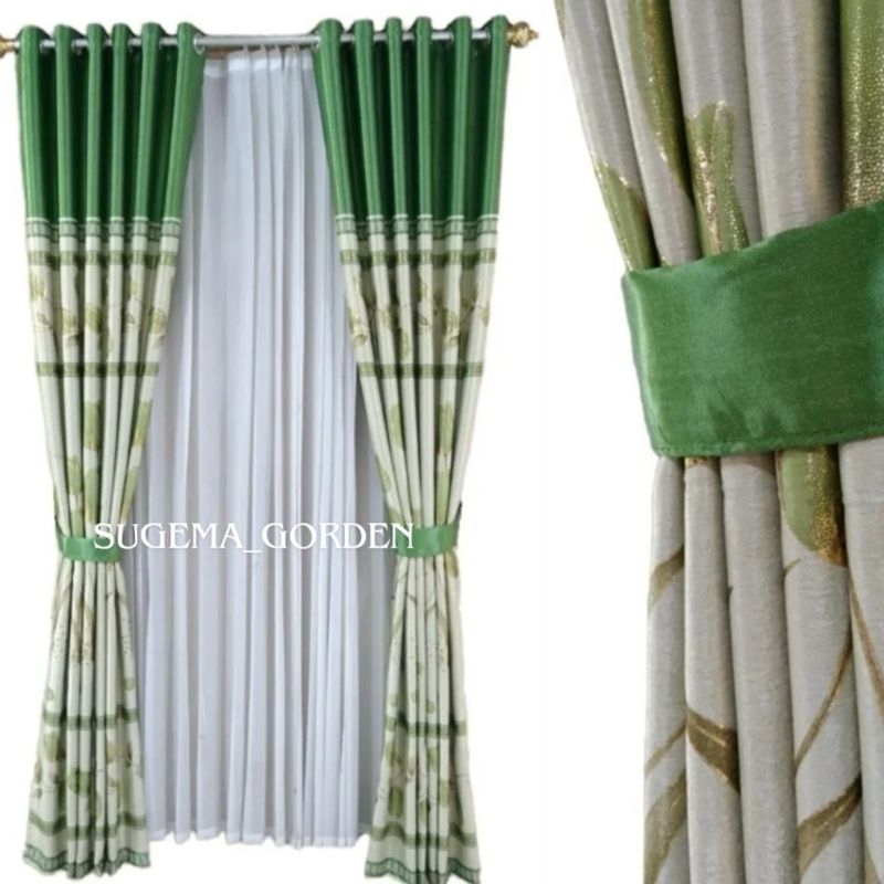 Gorden Minimalis Hijau Glossy Bahan Blackout Import Motif Bunga Tulip