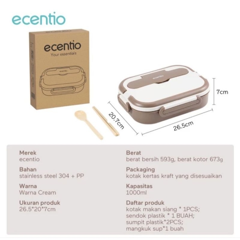 Lunch Box ecentio 5 skat Stainless Steel Anti Tumpah Kotak makan Tempat makan Ecentio Stainless Stee