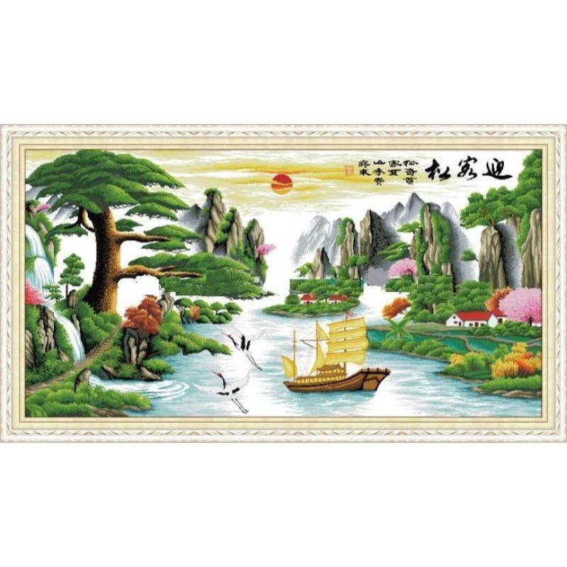 kristik 11ct pola kain pemandangan perahu dan pegunungan