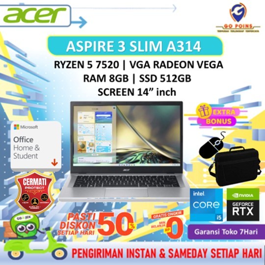 ACER ASPIRE 3 SLIM A314 23M RYZEN 5 7520 RAM 8GB SSD 512GB OHS21