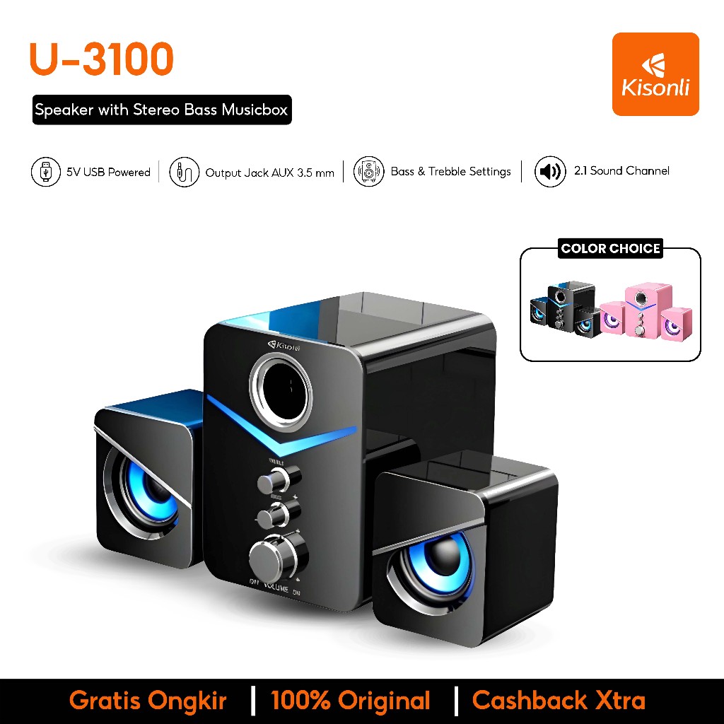 Kisonli Speaker Aktif U-3100 Subwoofer Multimedia 2.1 Stereo Bass Music Box