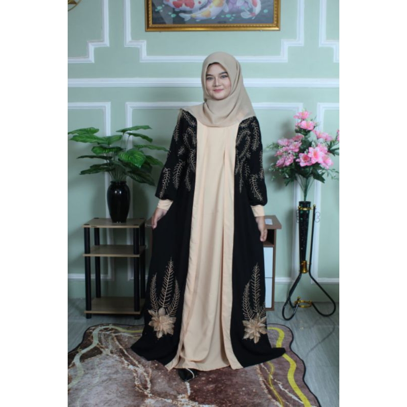 Abaya Sivia kombinasi 2 warna bunga / abaya bordir