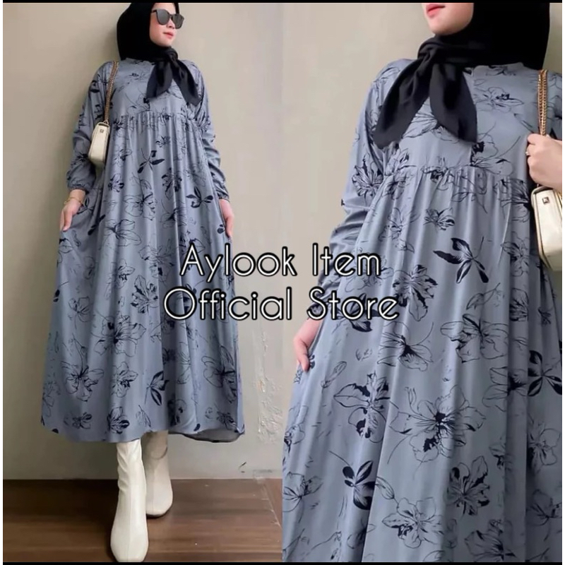MIDI DRESS WANITA RAYON  / GAMIS RAYON ADEM BUMIL BUSUI FRIENDLY JUMBO-Kupu Abu