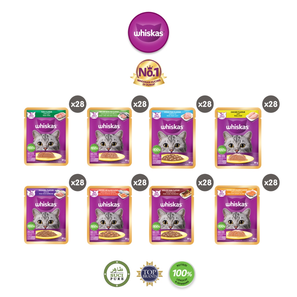 

23bagusmenshop - Whiskas Makanan Kucing Basah Pouch 80gr Isi 28 Wet Food Cat Adult & Kitten Original