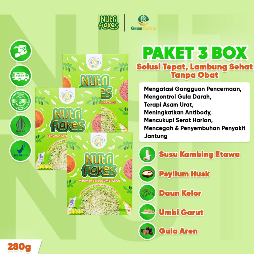 

NUTRIFLAKES Paket 3 Box - Sereal Umbi Garut Atasi Asam Lambung Gerd Maag Diabetes & Kolesterol