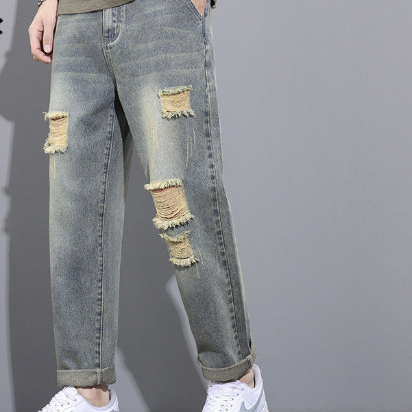 Celana Jins Sobek untuk Wanita, Celana Harem Jins Longgar Lurus Baru