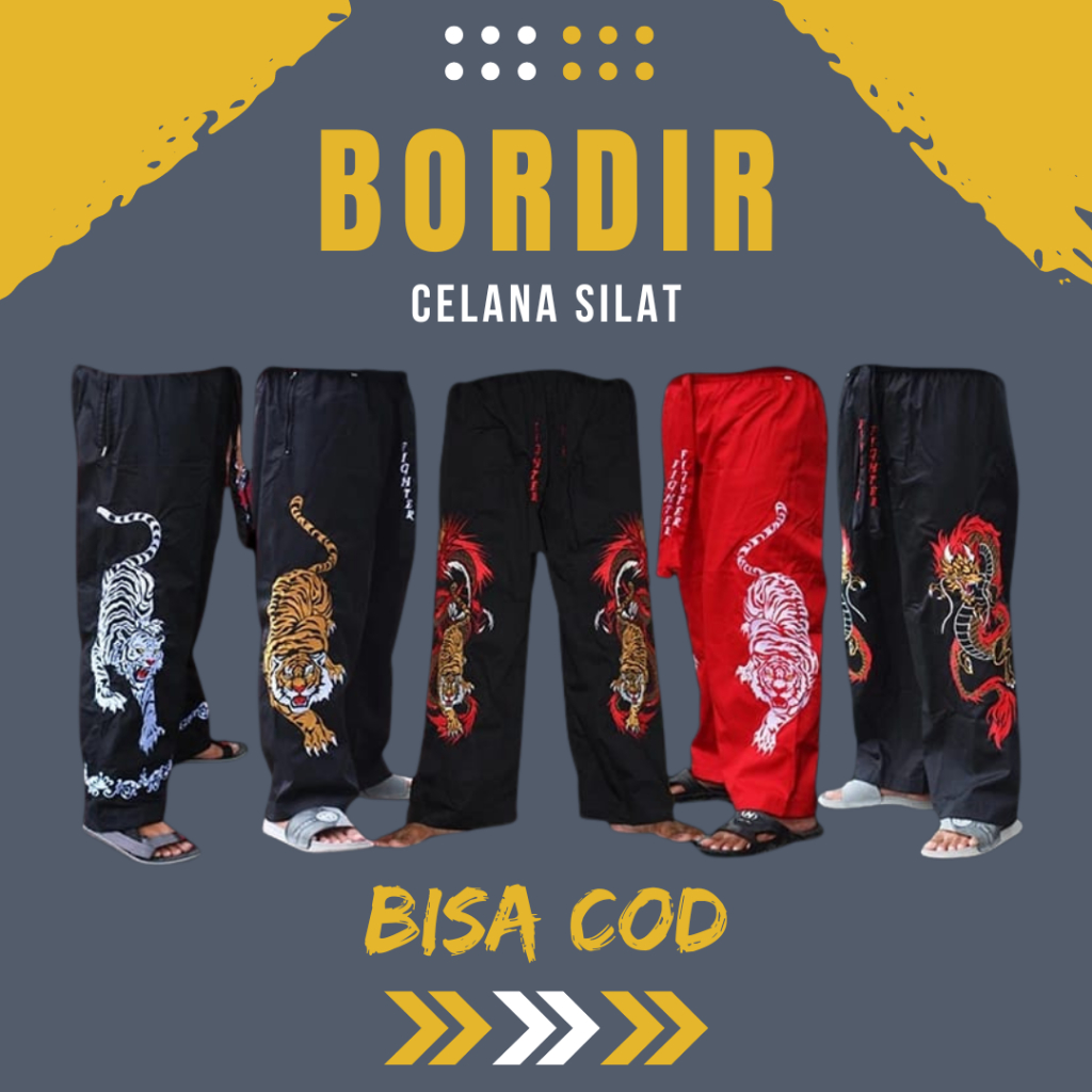 Celana Pakaian Silat Bordir Komprang Panjang Hitam Pangsi Kombor Motif Gambar Naga Harimau Macan Unt