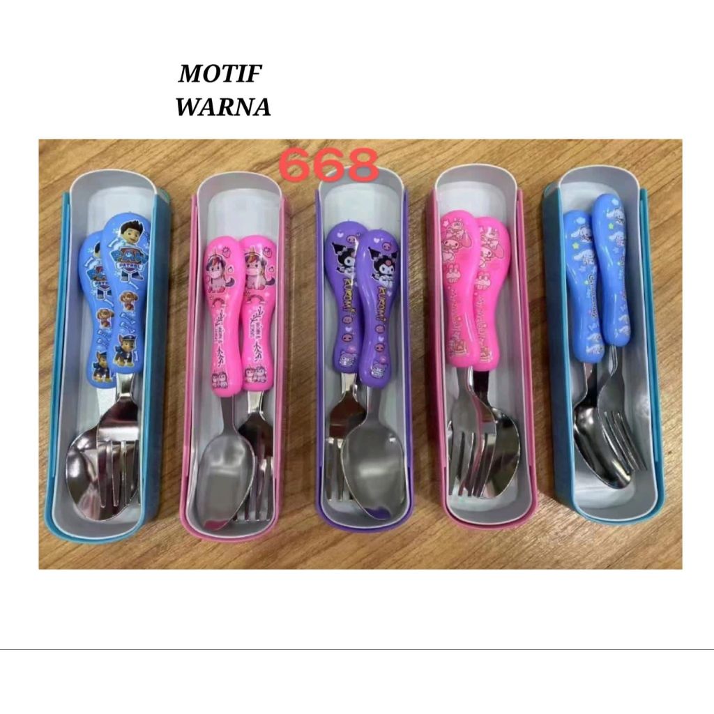 Set Makan Sendok Garpu kotak Karakter Anak bahan stainless Aluminium