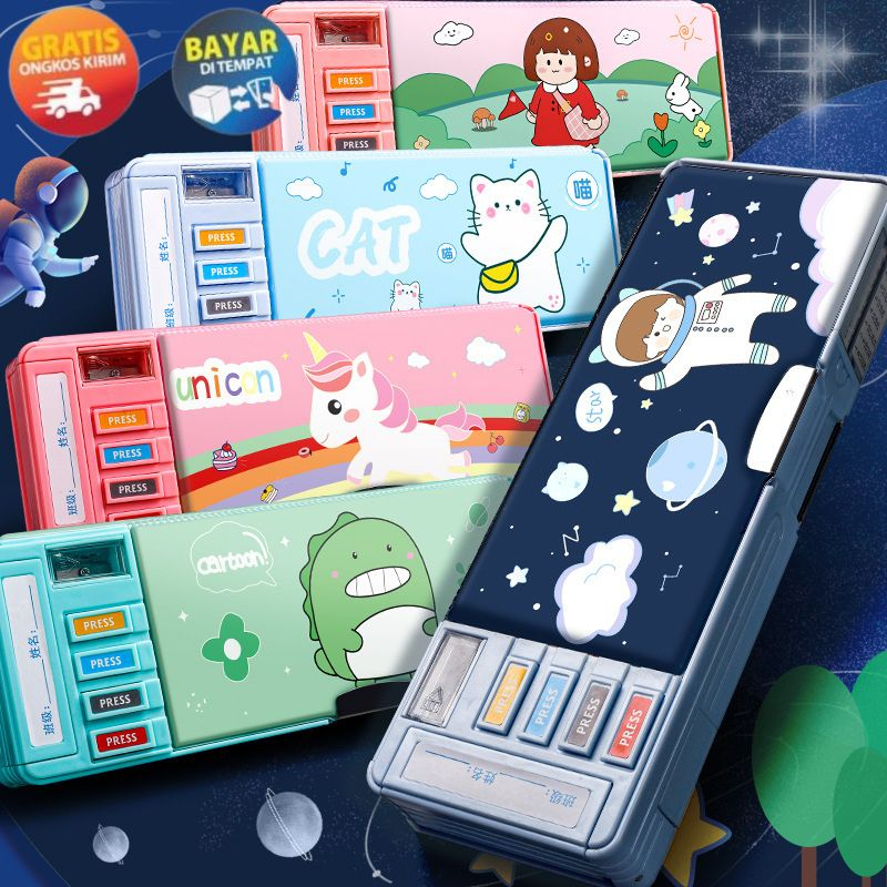 

Kotak Pensil/Tempat Pensil Multifungsi Motif Unicorn / Dinosaurus / Kotak Pensil Pola Kartun Lapisan Ganda Tunggal dengan Rautan Kapasitas