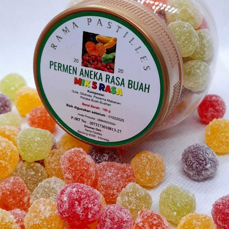 

Permen Rasa Buah Jeruk Stroberi Durian Sirsak Anggur Mix Manis Kemasan Toples 190 g Rama Pastilles