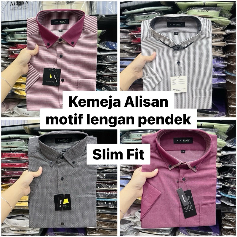 Kemeja Alisan Motif lengan pendek Slimfit ukuran 14,5 , 15 , 15,5 dan 16 / Kemeja pria / Pakaian pri