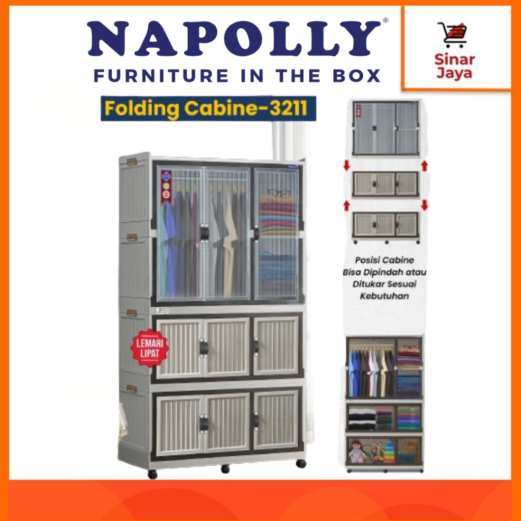 Lemari Plastik NAPOLLY LIPAT 3 TOWER 4 SUSUN FOLDING CABINE 3211 GANTUNG PINTU Transparant [KIRIM KA