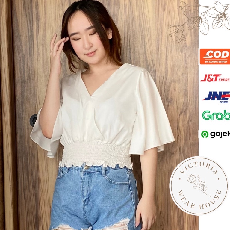 Terbaru Jisoo Top  Atasan Blouse Baju Crop Top V Neck Lengan Terompet Pinggang Karet Bahan Katun Wan