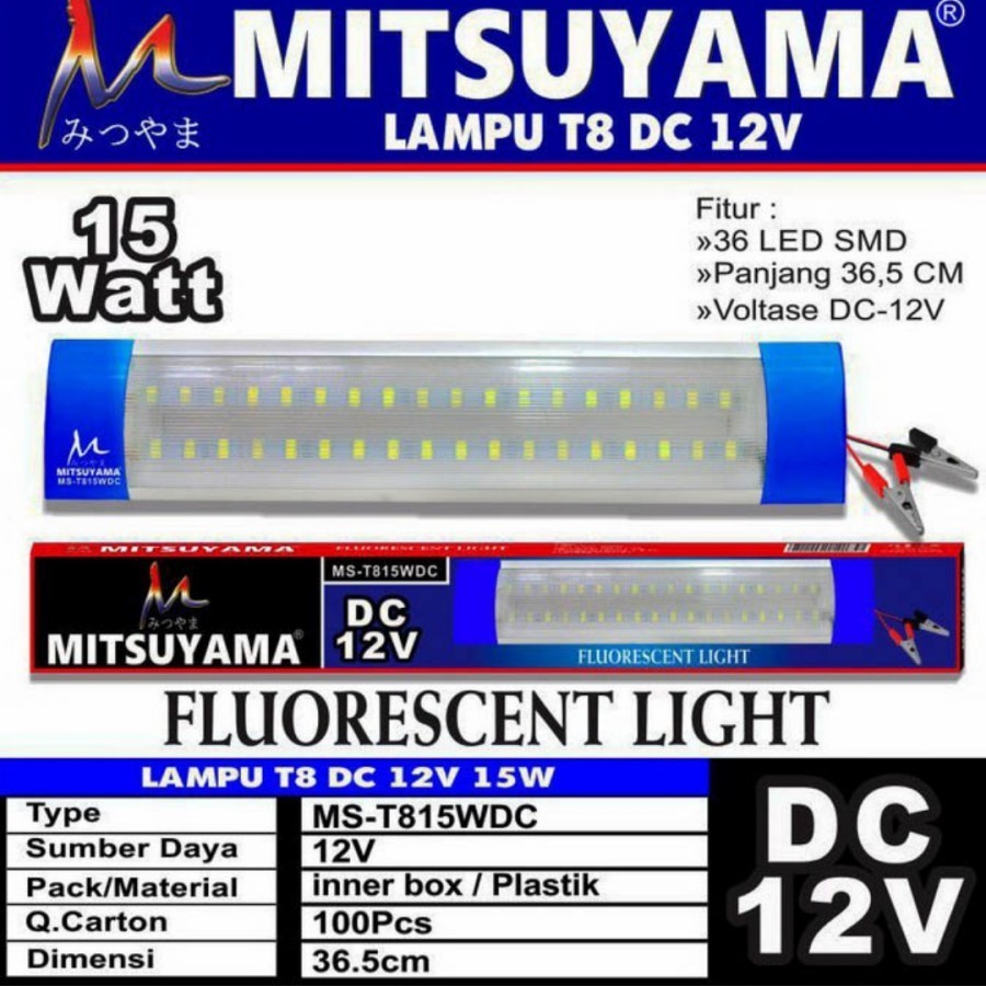 Lampu Neon LED / Lampu Jepit Aki T8 DC 12V 15-30 Watt Mitsuyama - 30watt