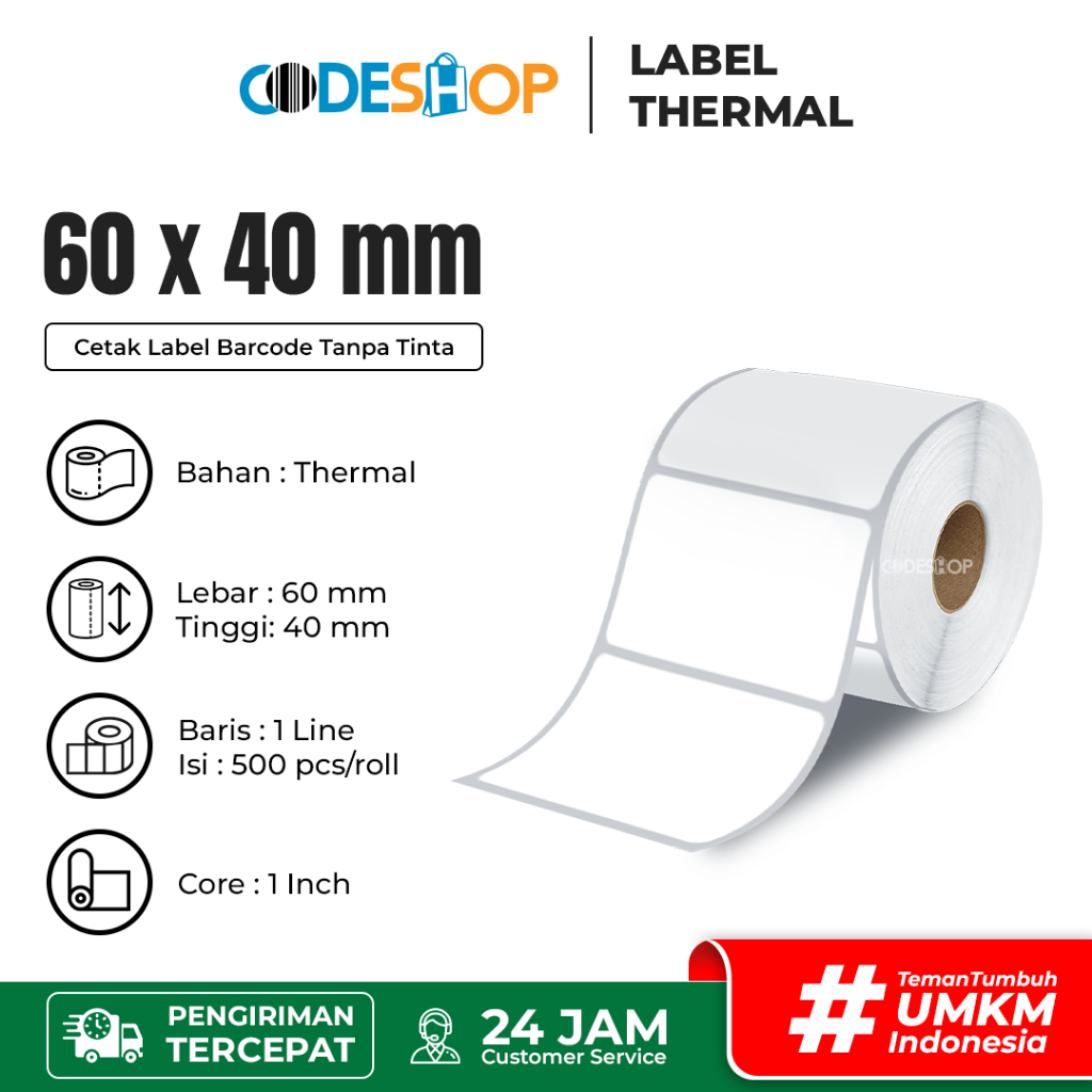 

Codeshop Label Thermal 60x40 mm 1 Line 1 inchCore isi 500 Pcs Stiker