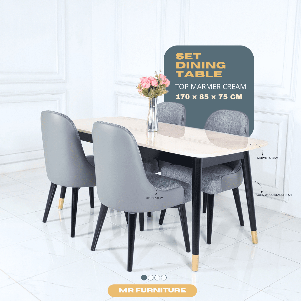 Set meja makan marmer krem 170x85x75 cm dan kursi 4 two tone
