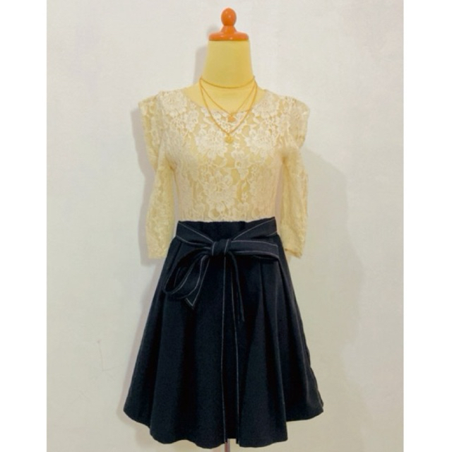 Dress wanita midi formal motif polos basic model one set vintage bahan brukat brokat stretch mix kat