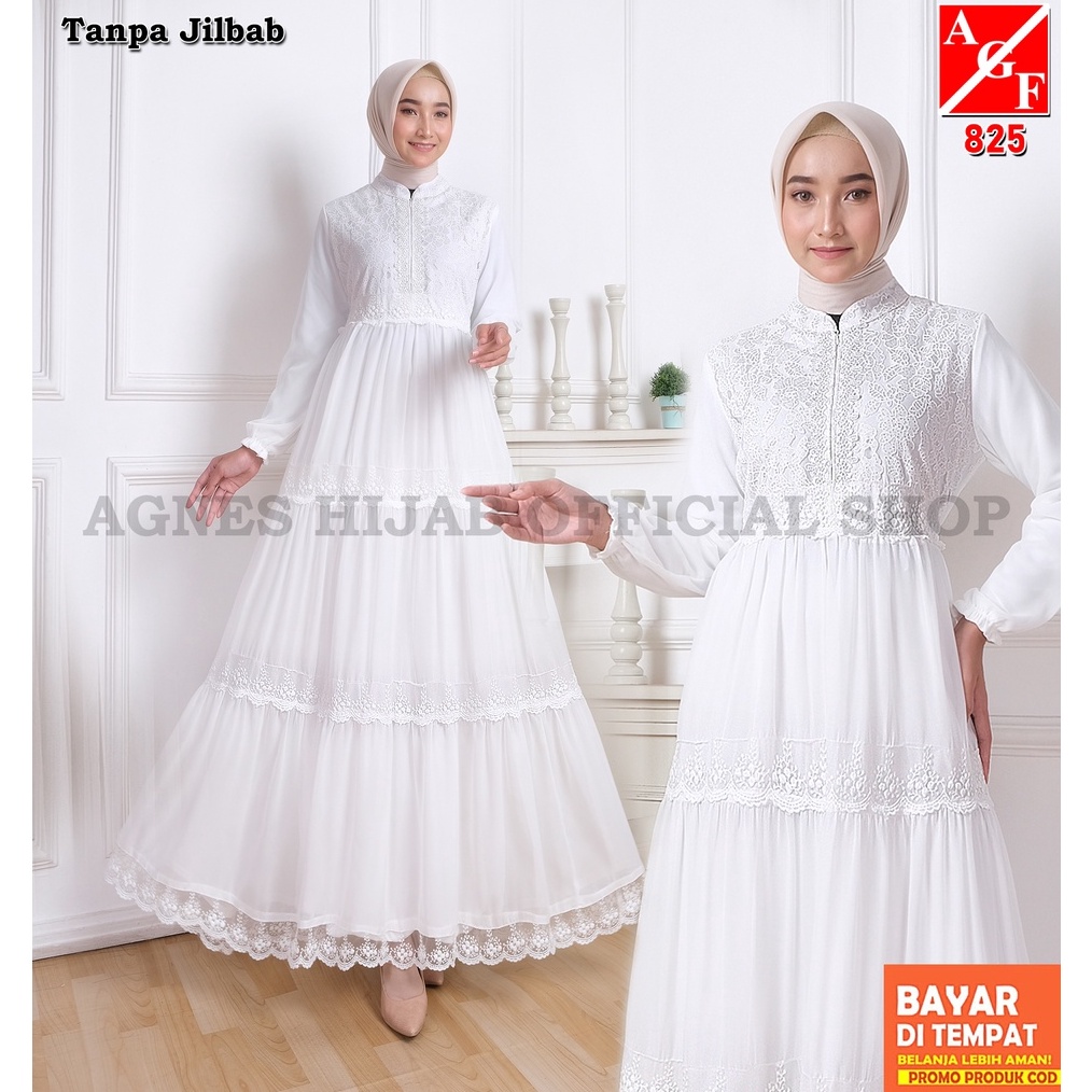 KODE S48P Agnes Hijab  Gamis Abaya Putih Azzahra Dress Busana Baju Muslim Wanita Lebaran Haji Umroh 
