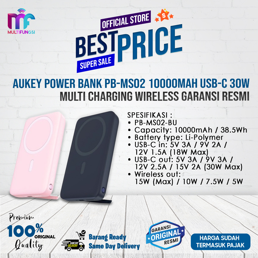 Aukey Power Bank PB-MS02 10000mah USB-C 30W Multi Charging Wireless Garansi Resmi