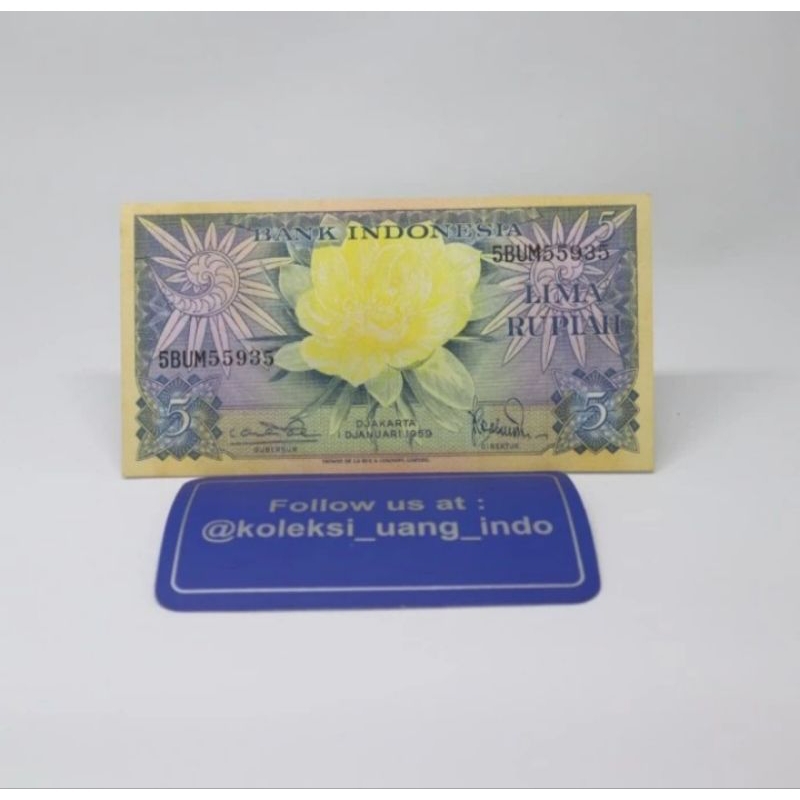 uang kuno indonesia 5 rupiah 1959 bunga asli gress