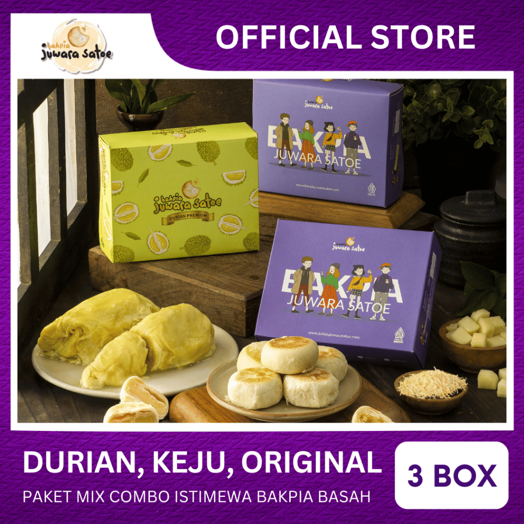 

[ 3 BOX ] PAKET MIX COMBO ISTIMEWA BAKPIA BASAH (DURIAN, KEJU, ORI) - JUWARA SATOE KHAS JOGJA