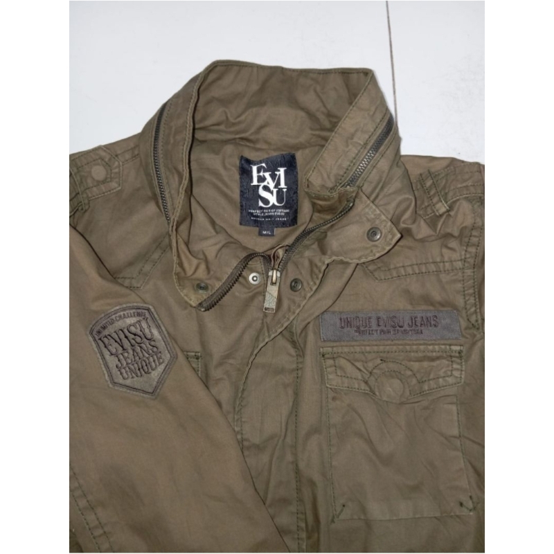 JAKET PARKA EVISU JEANS UNIQUE DENIM CANVAS COKLAT ARMY