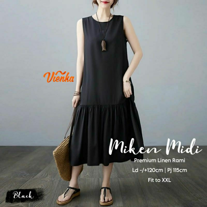 MIKEN MIDI DRESS KATUN LINEN KUTUNG TANPA LENGAN LD 120 JUMBO XXL