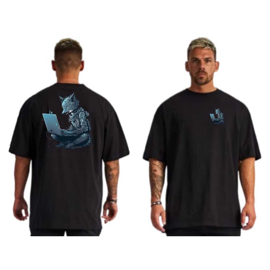 Baju atasan kaos tshirt distro pria katun combed hacking fox using laptop
