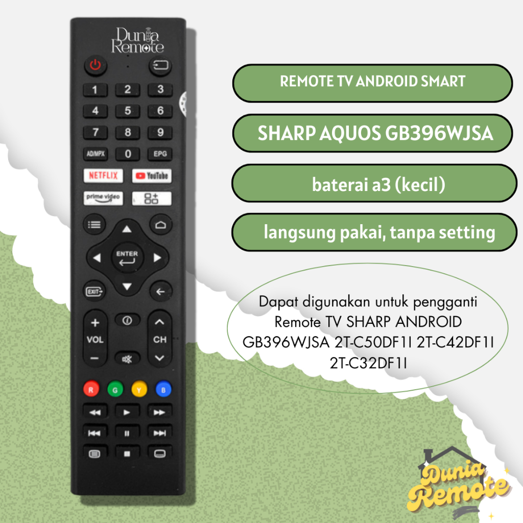 Remot Remote TV SHARP Aquos GB396WJSA Android GB396WJSA 2T-C50DF1I 2T-C42DF1I 2T-C32DF1I LED LCD  Smart NON VOICE