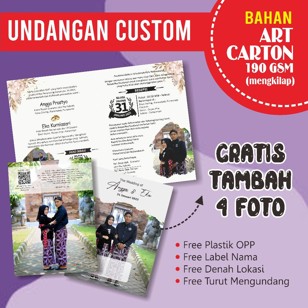 UNDANGAN PERNIKAHAN, BAHAN MENGKILAP,  GRATIS FOTO, UNIK, ELEGAN, CUSTOM (ART CARTON 190)