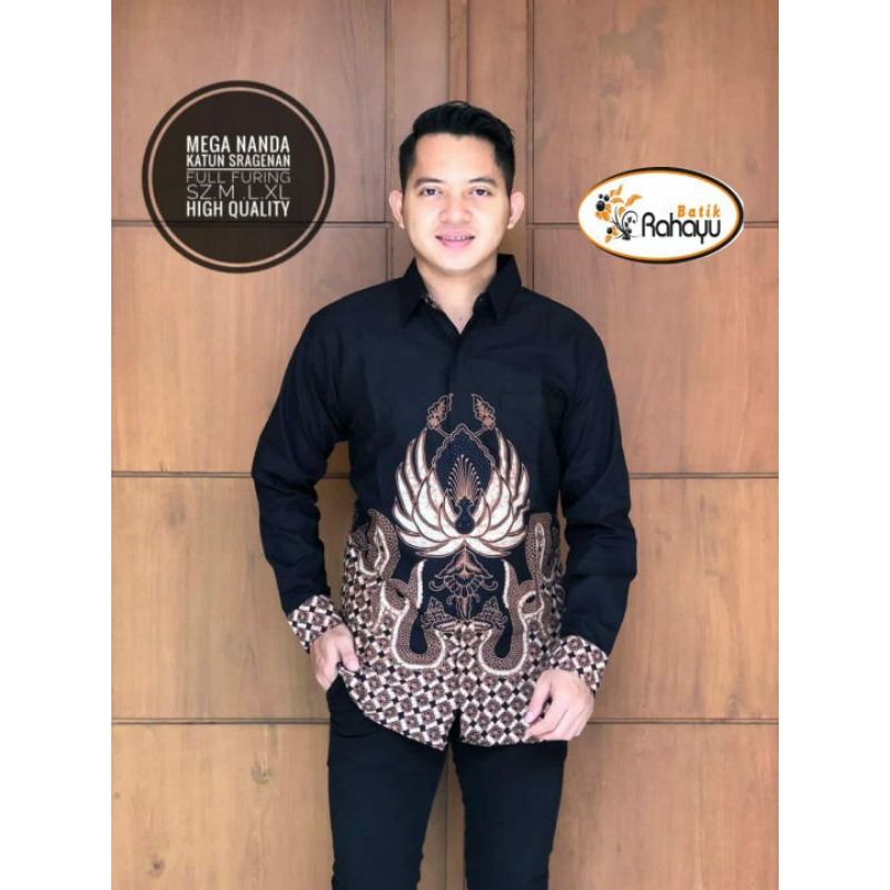 Hem Atasan Kemeja Baju Batik Pria Mega Menoreh Cowok Laki Laki Slimfit Full Lapis Furing Lengan Panj