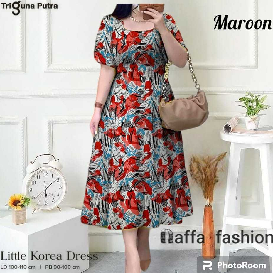 Terusan Gaun Midi Casual Ruffle Dress Lengan Pendek Loose Dress Korea Korean Style Dress Santai