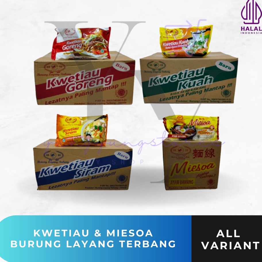 

TEBUS MURAH 1 Dus Isi 2 Bungkus Kwetiau Kuah Goreng Siram Miesoa Kuah Cap Burung Layang Terbang
