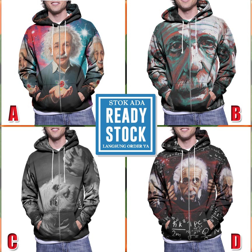 Zipper Hoodie Albert Einstein Hoodie Fullprint Bahan Polyester Jersey | Size S M L XL XXL 3XL | Hood