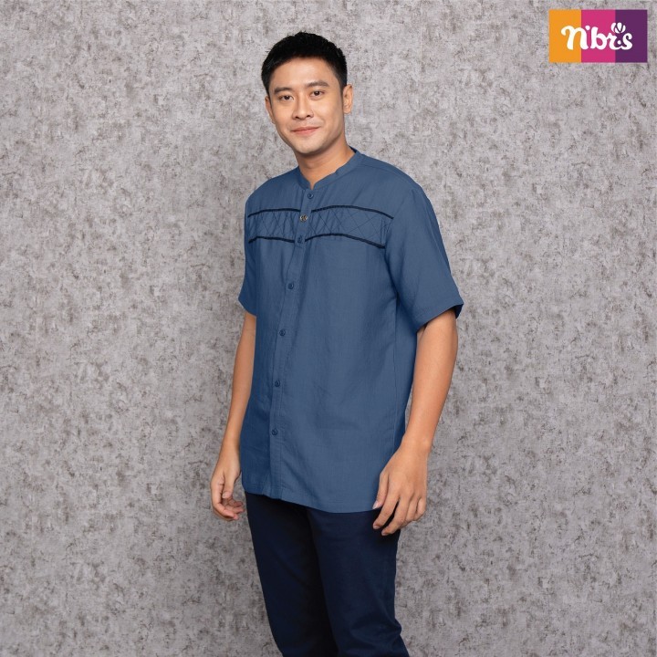 NIBRAS BAJU KOKO DEWASA ESTELA BIRU NAVY BAJU PRIA LENGAN PENDEK PANJANG PROMO DISKON 50%