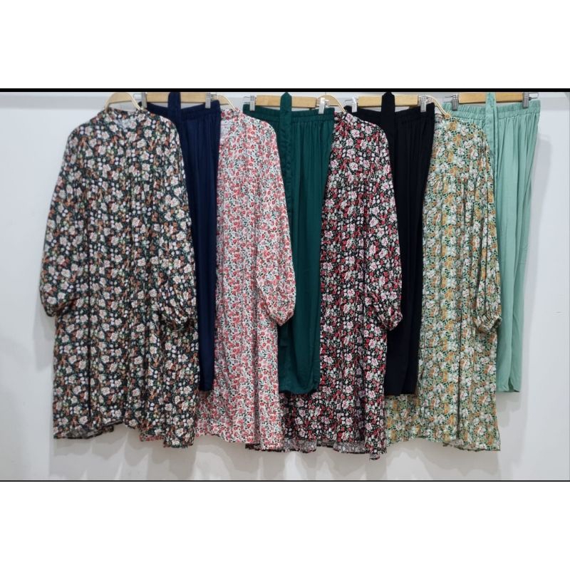 Oneset Long tunik Motif Bunga rayon twill Busui Allsize