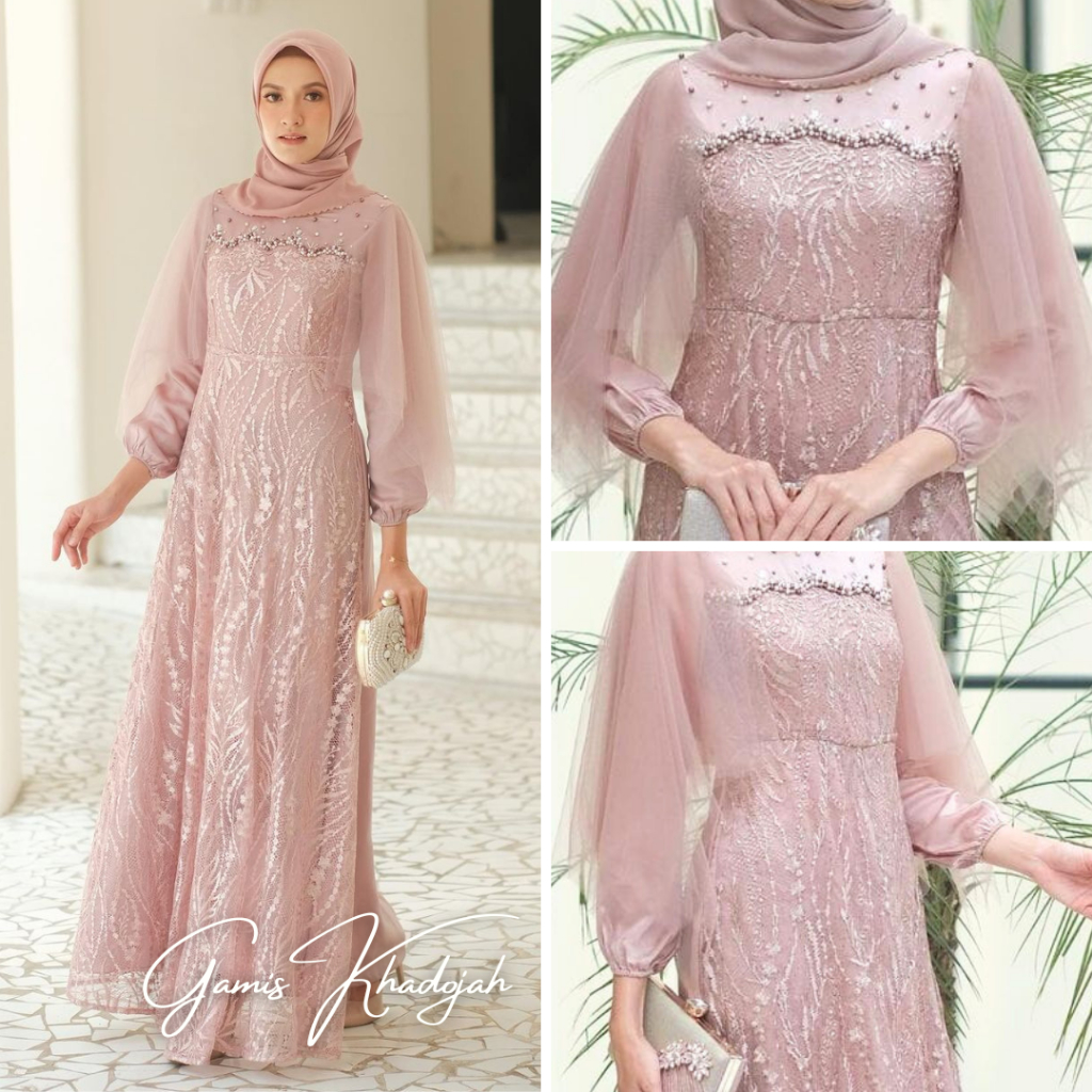 LUNA DRESS SATIN SILK MAXMARA  - KHADIJAH GAMIS SATIN BROKAT KONDANGAN TUTU TILE MUTIARA FASHION MUS