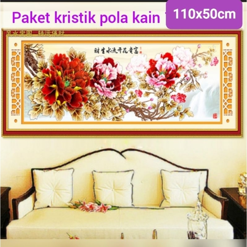 paket kristik bunga peony emas merah premium dmc pola kain flowers peoni oriental red gold air terju