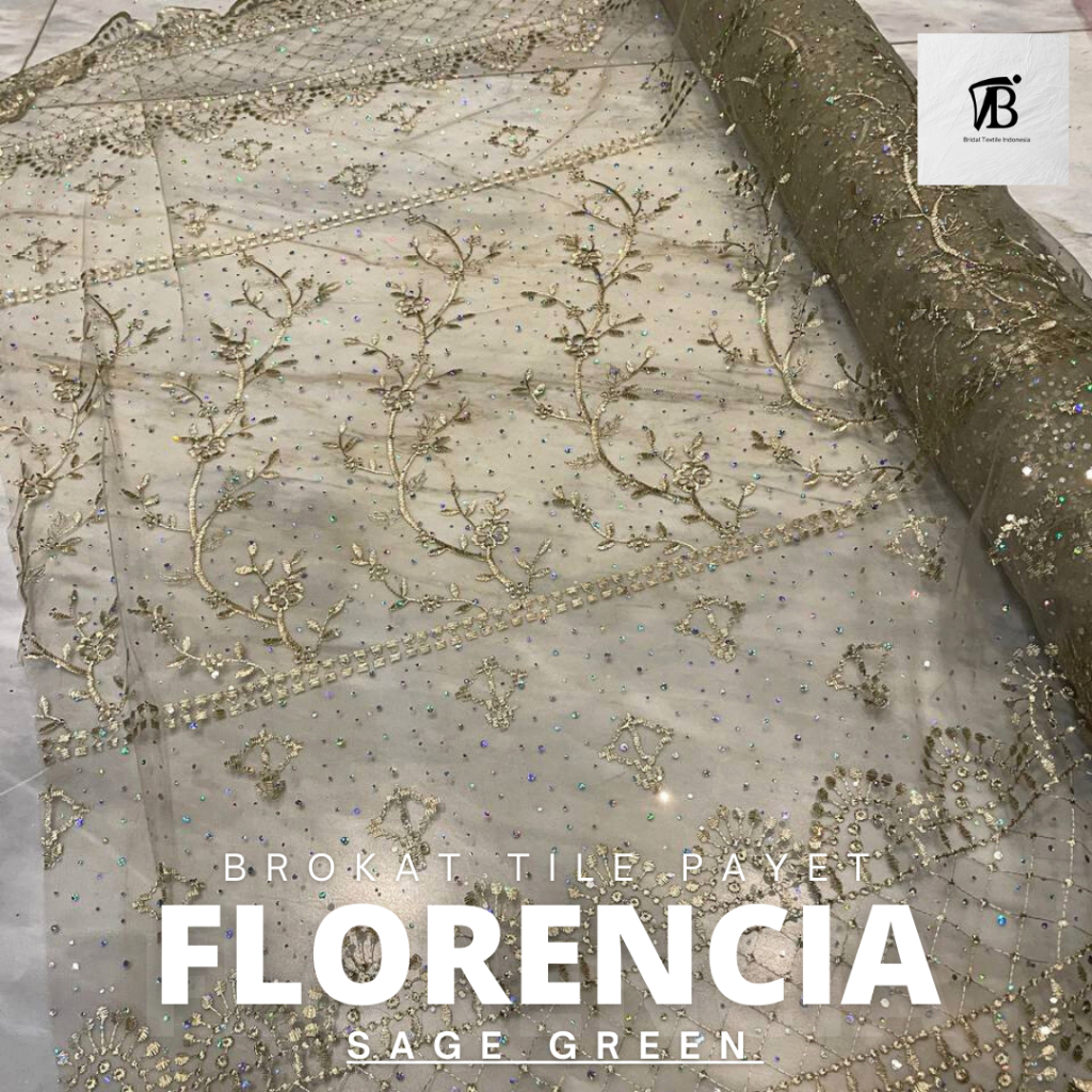Brokat Tile Tulle Bordir Payet Trans Transparan Simple Florencia Warna Hijau Sage Olive Green